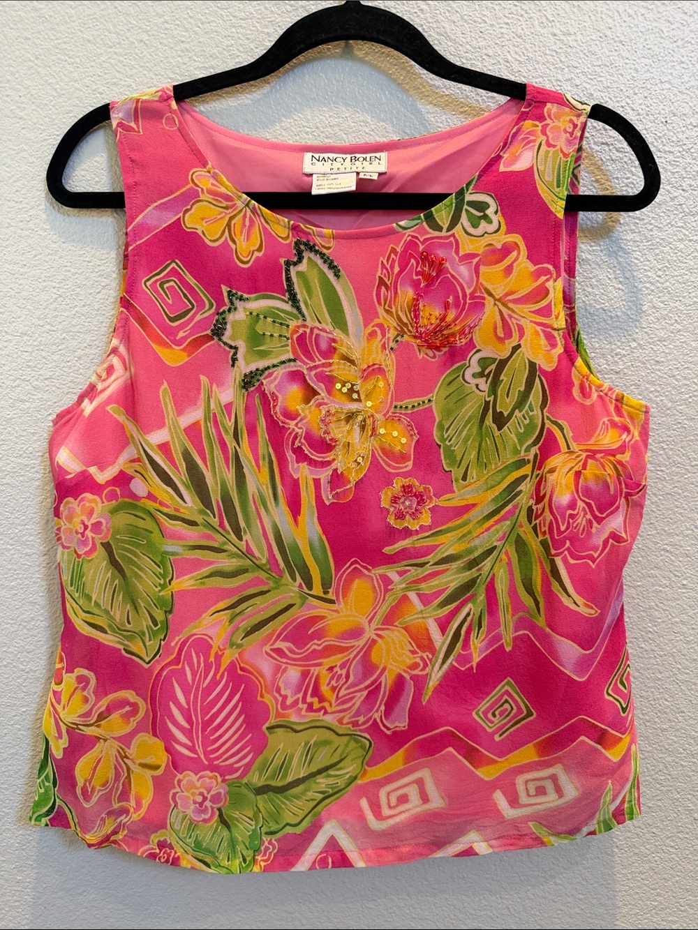 Nancy Bolen City Girl Women’s Pink Tropical Floral Sleeveless Top 100% Silk